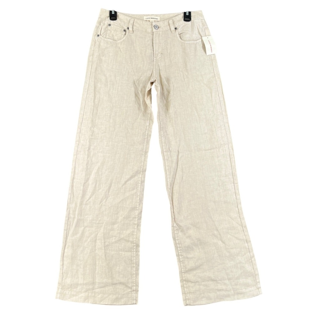 Lucky Brand Moonstruck Pants Women 2 Beige Linen Wide Leg Casual Beach Summer